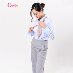 Áo sơ mi xanh cổ bèo thắt nơ duyên dáng phong cách công sở