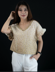 Áo ngắn tay cổ V cổ nhún thắt nơ lưng