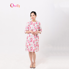 Váy họa tiết hoa hồng vai kiểu cổ tròn