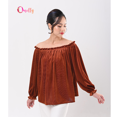 Áo trễ vai vải nhung mịn dài tay dáng rộng phong cách thời trang hiện đại