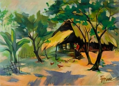 Người mẹ bế con bên nhà tranh