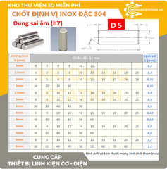 Chốt định vị đặc inox 304 size D5x5 dung sai âm (h7)