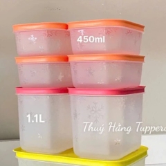 Bộ 6 Hộp Tupperware Trữ Đông  4 Hộp 450ml+2 Hộp 1.1L - Nắp Cam - Thân Trong Bông Tuyết  - Tupperware Trung Chính Hãng