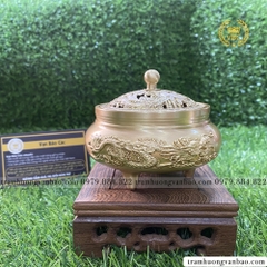 Lư đồng xông trầm hương, trầm nụ kèm đôn, chạm khắc tinh xảo họa tiết rồng phượng
