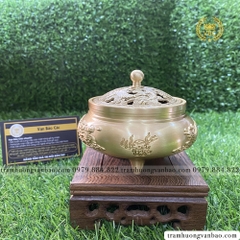 Lư đồng xông trầm nụ, nhang vòng - Lư đồng họa tiết rồng phượng cao 8cm