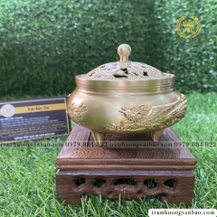 Lư đồng xông trầm nụ, nhang vòng - Lư đồng họa tiết rồng phượng cao 8cm