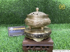 Lư đồng xông trầm hương, trầm nụ kèm đôn, chạm khắc tinh xảo họa tiết rồng phượng