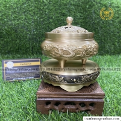 Lư đồng xông trầm hương, trầm nụ kèm đôn, chạm khắc tinh xảo họa tiết rồng phượng