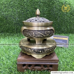 Lư đồng xông trầm hương, trầm nụ kèm đôn đồng, họa tiết rồng phượng - Bộ lư và đế đồng xông trầm