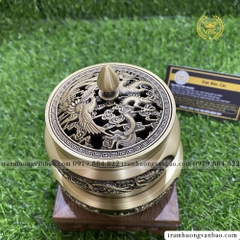 Lư đồng xông trầm hương, trầm nụ kèm đôn đồng, họa tiết rồng phượng - Bộ lư và đế đồng xông trầm