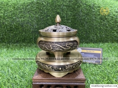 Lư đồng xông trầm hương, trầm nụ kèm đôn đồng, họa tiết rồng phượng - Bộ lư và đế đồng xông trầm