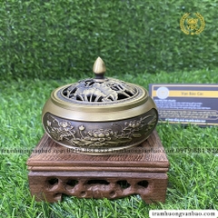 Bộ lư và đế đồng xông trầm hương, trầm nụ - Họa tiết hoa sen