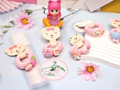 Cột tóc thun sticker nổi thỏ + trái tim (hồng phấn)