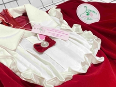 Đầm nhung cổ bèo dập ly đính nơ form dài (màu đỏ)