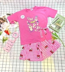 Set áo Quảng Châu gấu dâu lotso xẻ vạt phối quần short phồng kèm nơ xinh xắn
