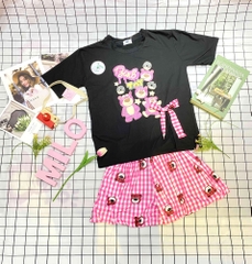 Set áo Quảng Châu gấu dâu lotso xẻ vạt phối quần short phồng kèm nơ xinh xắn