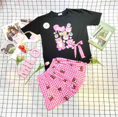 Set áo Quảng Châu gấu dâu lotso xẻ vạt phối quần short phồng kèm nơ xinh xắn