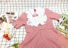 Đầm caro cổ sơ mi dập ly đính nơ
