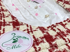 Set áo sơ mi trắng xếp ly ngực phối yếm dạ caro cao cấp