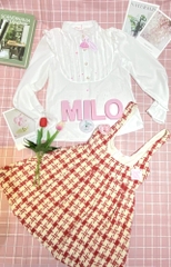Set áo sơ mi trắng xếp ly ngực phối yếm dạ caro cao cấp