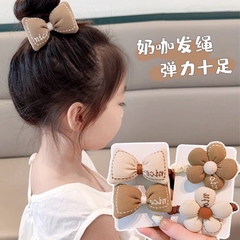 Cột tóc đính nơ hoa + tai thỏ (màu trà sữa) - kiểu 2