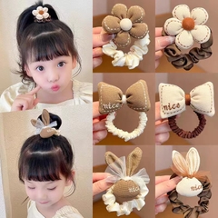 Cột tóc đính nơ hoa + tai thỏ (màu trà sữa) - kiểu 1
