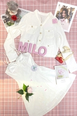 Set đầm QC ngực đính nơ tag hoa mix kèm áo khoác len phối nút xinh xắn