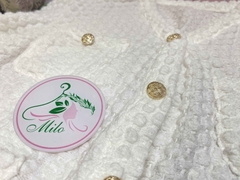 Set đầm QC ngực đính nơ tag hoa mix kèm áo khoác len phối nút xinh xắn