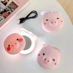 Quạt cầm tay heo hồng cute 3 in 1 có gương và đèn led HC- Mini fan