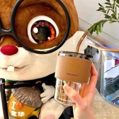 Ly thủy tinh Gorgous có nắp, bao da và ống hút thủy tinh-420ml