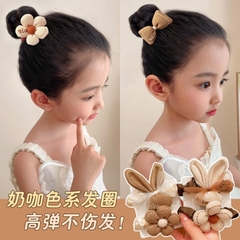 Cột tóc đính nơ hoa + tai thỏ (màu trà sữa) - kiểu 3