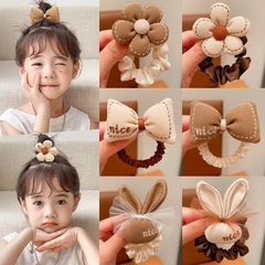 Cột tóc đính nơ hoa + tai thỏ (màu trà sữa) - kiểu 3