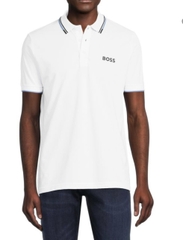 Polo Hugoboss trắng tay cổ kẻ xanh