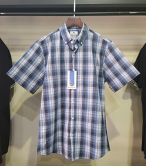 Sơ mi cộc tay Social Coast Men's Stretch Plaid Button Down - Off-white / Navy-Slate Blue