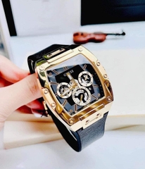 Đồng hồ nam G U E S S Gold Tone Case Black Genuine Leather Silicone Watch GW0202G1
