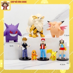 Bộ 8 Mô Hình Nhân Vật Pokemon, Pikachu, Gengar, Hitokage Và Các Huấn Luyện Viên Cao 8cm, Mô Hình Decor Trang Trí