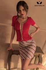 SMS026 - Đồ ngủ cosplay thư ký áo buộc dây xẻ sâu mix chân váy ngắn