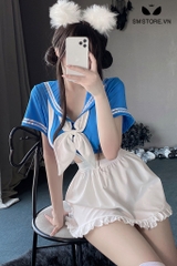 SMS113 - Cosplay học sinh nhật bản áo ngắn hở eo phối nơ & váy sexy