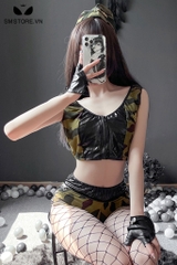 SMS151 - Cosplay quân đội áo croptop với quần đan chéo kèm tất lưới