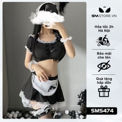 SMS474 - cosplay hầu gái gồm áo croptop đính nơ và chân váy ngắn