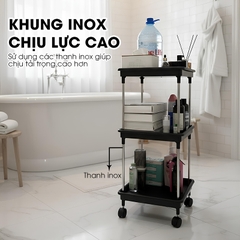 Kệ 3 tầng có bánh xe để đồ đa năng LD-3644, kệ đẩy gia đình, spa, tiệm nail gội đầu khung INOX không rỉ