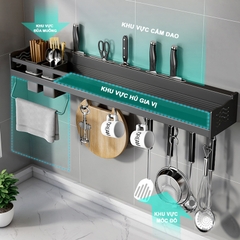 Kệ gia vị treo tường đa năng nhôm anod SQ-6186 kèm ống đũa máng dao móc treo
