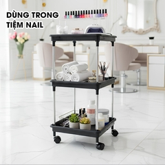 Kệ 3 tầng có bánh xe để đồ đa năng LD-3644, kệ đẩy gia đình, spa, tiệm nail gội đầu khung INOX không rỉ