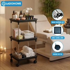 Kệ 3 tầng có bánh xe để đồ đa năng LD-3644, kệ đẩy gia đình, spa, tiệm nail gội đầu khung INOX không rỉ