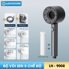 Bộ vòi sen điều áp 5 chế độ LH-9008 nhựa ABS cao cấp, lắp được cho nước nóng lạnh, có lõi lọc + dây ống 1.5m và giá đỡ