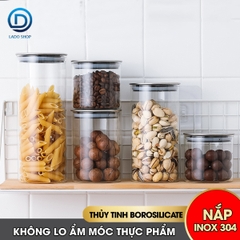 Hủ đựng trà thủy tinh, hủ đựng ngủ cốc nhà bếp, đồ ăn nhẹ snack, hủ gia vị có nắp bằng INOX cao cấp MFG-006