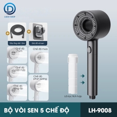 Bộ vòi sen điều áp 5 chế độ LH-9008 nhựa ABS cao cấp, lắp được cho nước nóng lạnh, có lõi lọc + dây ống 1.5m và giá đỡ