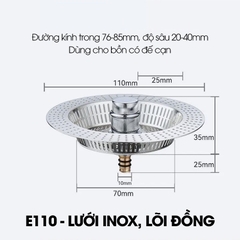 Bộ lọc thoát nước cho bồn rửa chén, nắp thoát chậu rửa nhà bếp LH-2504, chất liệu inox và đồng không rỉ cao cấp