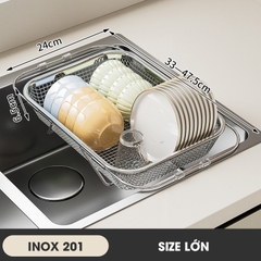 Rổ Inox treo bồn rửa chén, khay úp chén, khay rửa rau có thể điều chỉnh kích thước LD-2448
