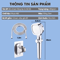 Bộ vòi sen tăng áp 4 chế độ SQ-9002 nhựa ABS + kèm lõi lọc, ống nối 1.5m và giá đỡ